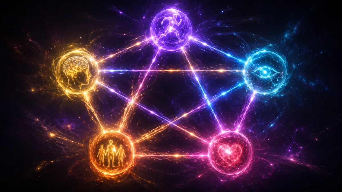 Cinco esferas luminosas coloridas — violeta, dourada, ciano, âmbar e rosa — conectadas por linhas neurais brilhantes formando uma rede pentagonal balanceada em fundo cósmico, ilustrando a integração simultânea dos cinco domínios do desenvolvimento infantil: motor, cognitivo, sensorial, social e emocional