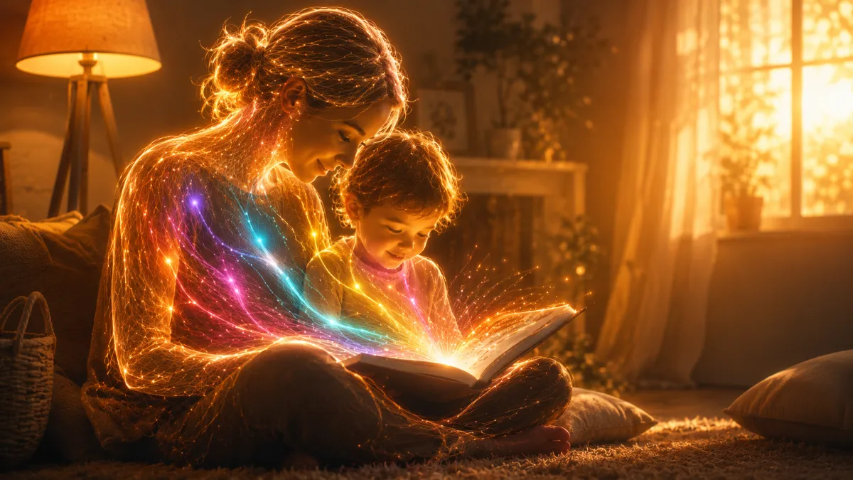 Silhueta luminosa de uma mãe e um bebê sentados juntos lendo um livro em ambiente doméstico aconchegante banhado por luz dourada do entardecer, com pulsos coloridos das cinco áreas do desenvolvimento emanando do livro entre eles — momento cotidiano que estimula motor, cognitivo, sensorial, social e emocional simultaneamente