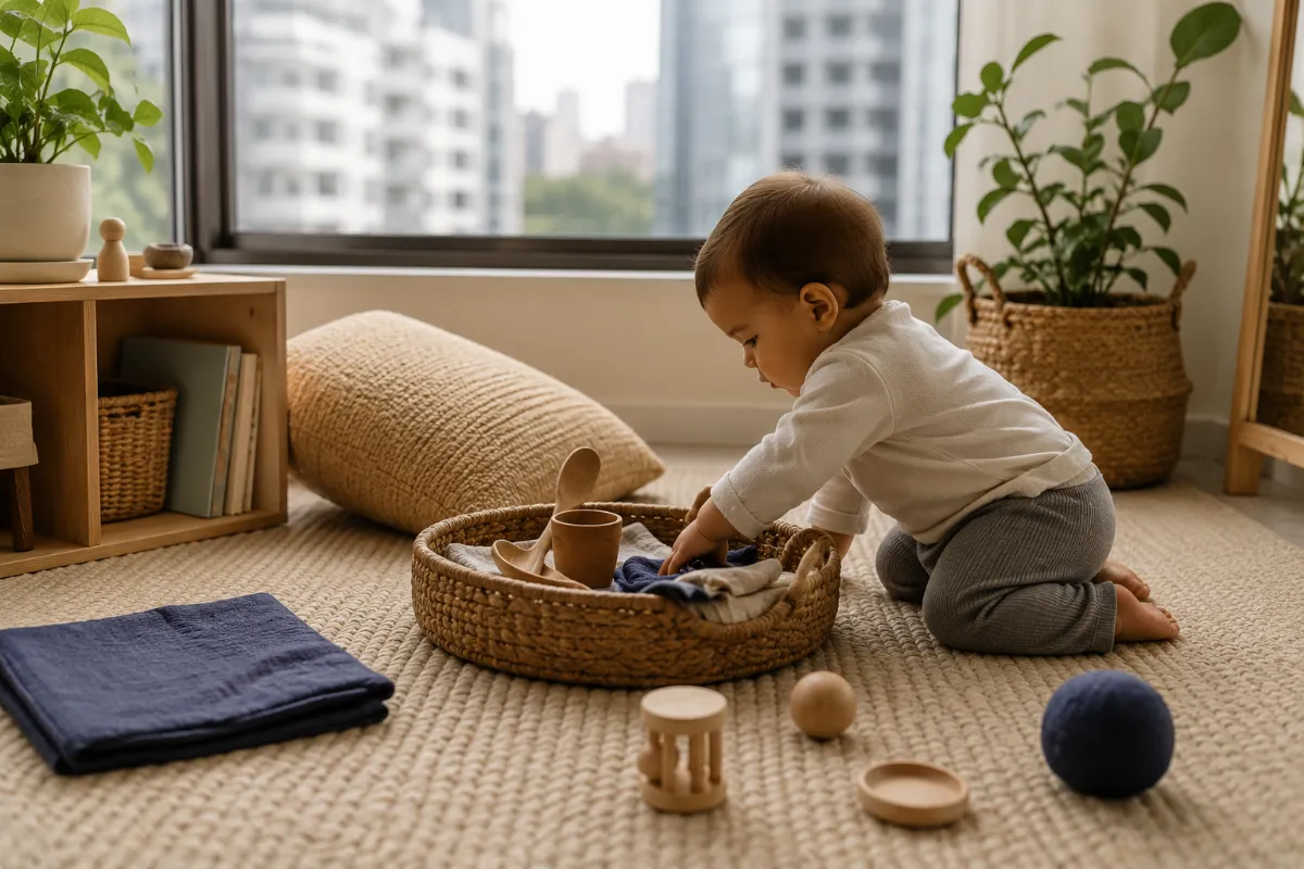 Canto de brincar de 4 m² em apartamento urbano — cesta de objetos naturais, poucos brinquedos