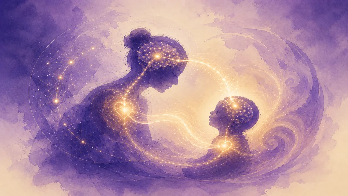 Ilustração em aquarela violeta e dourada mostrando uma mãe e um bebê com circuitos neurais e corações iluminados conectados entre si — metáfora visual do serve and return como vínculo neural e emocional simultâneo