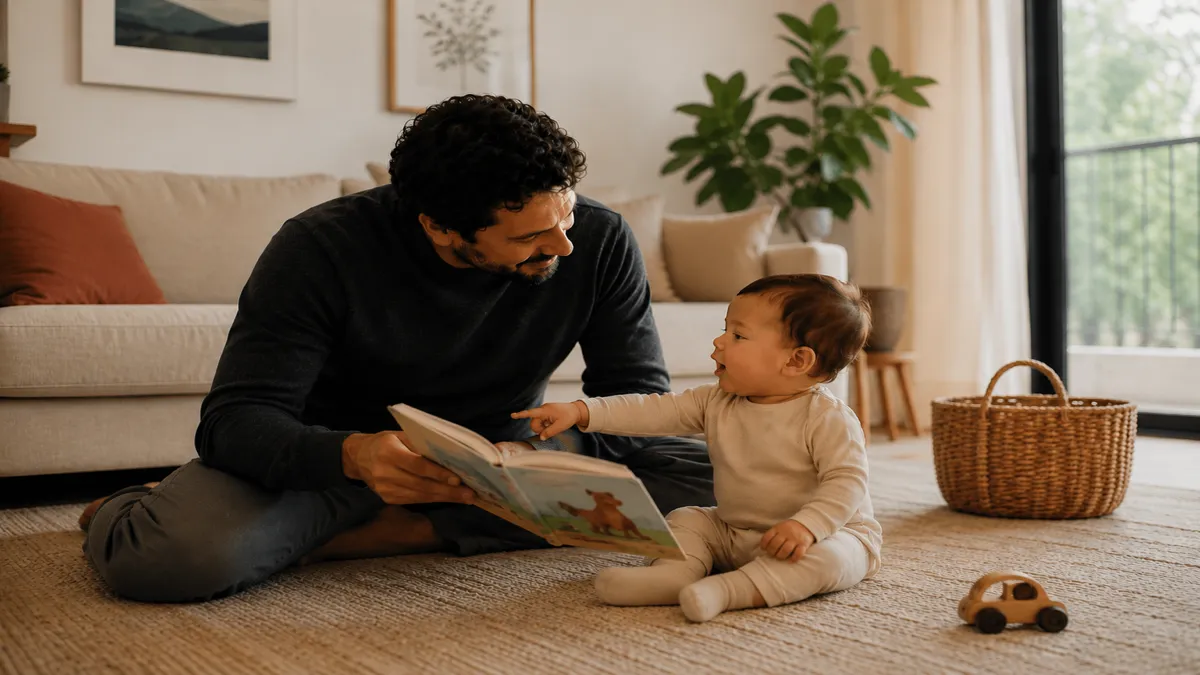 Pai brasileiro sentado no tapete com bebê de aproximadamente 10 meses, lendo um livro ilustrado. O bebê aponta para uma figura no livro enquanto o pai responde com atenção plena — exemplo concreto de um micromomento de serve and return na rotina de casa