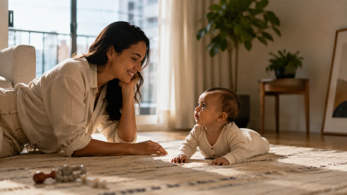 Mãe e bebê em momento de tempo no chão, com brinquedos de madeira e luz natural natural