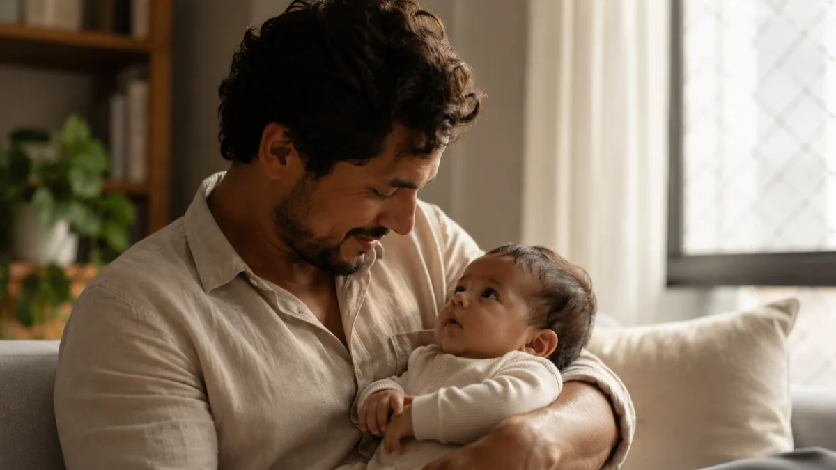 Pai brasileiro com bebê em momento de presença atenta — interação serve and return
